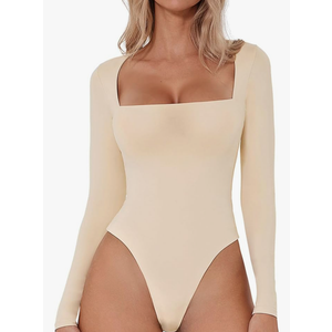 QINSEN Women's Sexy Square Neck Bodysuit Long Sleeve Double Lined Shirt Tops, Extra Large , Marzipan 