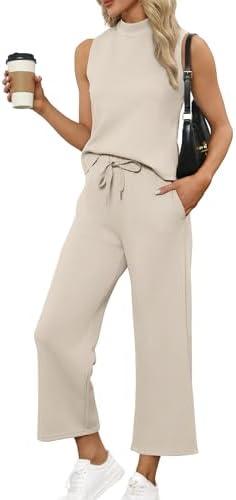 SAMPEEL Two Piece Set for Women Summer Outfits Vacation Trendy Lounge Sets Mock Neck Matching Sets Women Clothing Wide Leg Crop Pants Set Travel Airport Sweat Set Beige, M