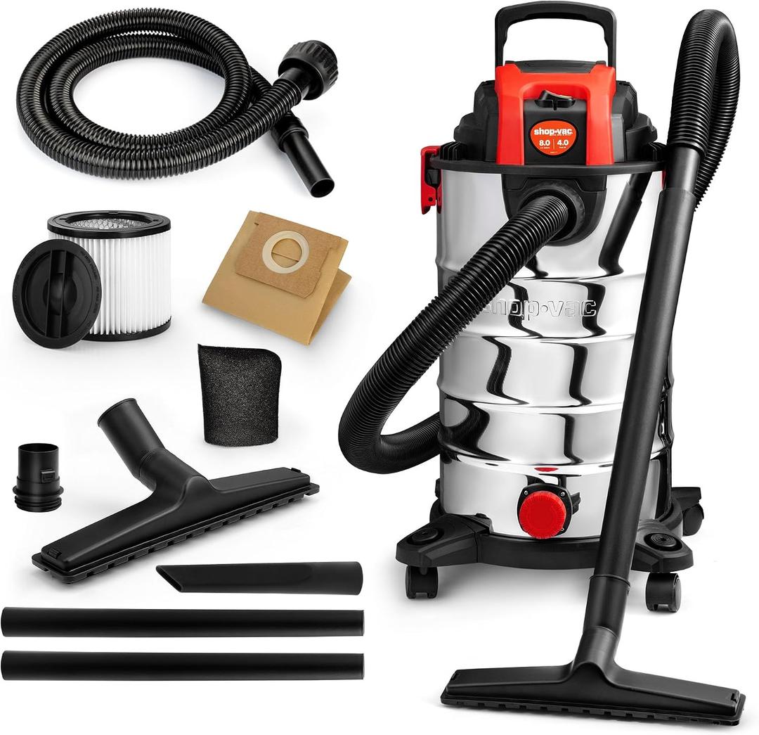 Shop-Vac 8 Gallon 4.0 HP Wet/Dry Vacuum with Blower Function, Stainless Steel Tank, Portable Shop Vacuum with Wheels, Includes Filters, Hose & Accessories, Ideal for Garage and Workshop