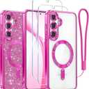 Meifigno Case Designed for Samsung Galaxy S25 6.2 inch, [Compatible with MagSafe] [2X HD Screen Protectors] [Glitter Card & Wrist Strap] Surround Lens Protection Case for Samsung Galaxy S25, Hot Pink