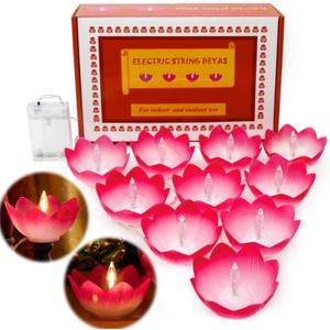 alikiki Diwali Gifts Electronic LED Diyas - Lotus Shaped Diya String Lights Diwali Pooja Item Indian Home Office Mandir Puja Decor, 10 Lotus Diyas per String, Battery Operated, Waterproof