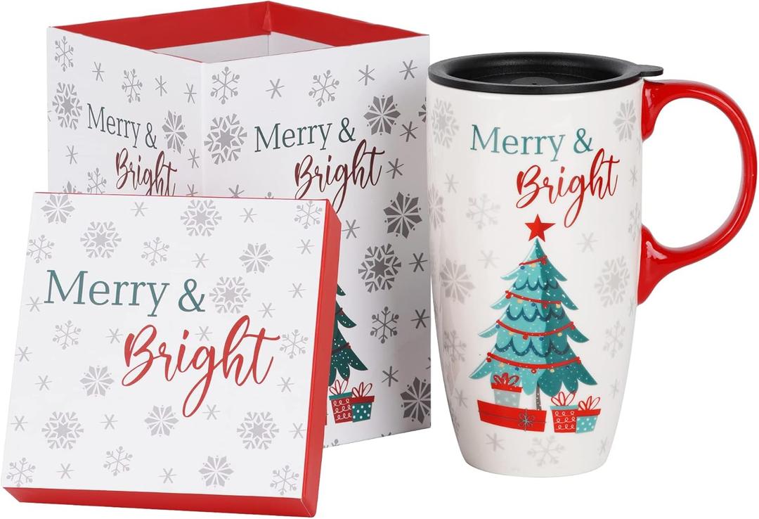 Topadorn Ceramic Coffee Mug Tall Ceramic Christmas Cup with Lid and Matching Color Box.17 oz.Christmas Tree