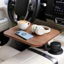 360 Rotating Wood Car Tray & Desk for Laptop - Steering Wheel Cup Holder Table, Car Accessories for Women & Men, Compatible with Tesla Model Y/3/S, Ford F150/Explorer/Maverick & Most Vehicles (Square Floating Table + Gap Storage (Walnut Color))