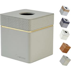 Tissue Box Holder Cover Square, Modern PU Leather Decorative Tissue Cube Holder Organizer - Woven Pattern Grey