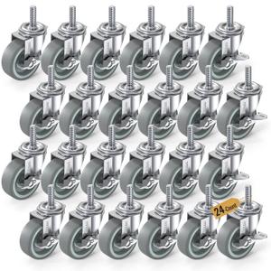 HOLKIE Caster Wheels 3 inch Locking Casters Set of 24, Threaded Stem 3/8" -16 x 1-1/2" (Diameter 3/8", Length 1-1/2") Swivel Heavy Duty Castors Gray