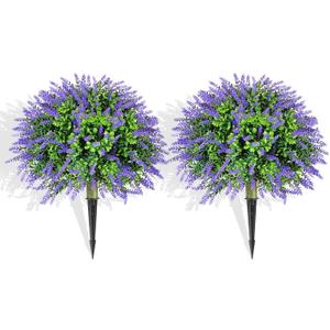 LAFORMO Artificial Lavender Topiary Ball Trees with Ground Spike, 2 Pack 15.7" UV Resistant Artificial Shrubs, Fake Evergreen Artificial Plant Brush for Indoor Outdoor Front Porch Garden