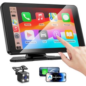 Apple Carplay Screen for Car, 7" HD Portable Car Stereo Touch Screen with Wireless Android Auto, Backup Camera with LED/Mirror Link/Voice Control/Bluetooth/GPS/AUX/FM Satellite Radio for All Vehicles (Black)