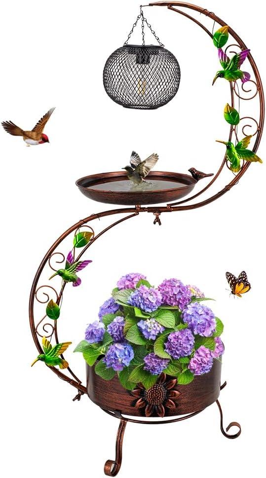 DREAMSOUL Solar Bird Bath with Solar Lantern, Vintage Copper Birdbath Flower Planter Metal Bird Bath for Outside Garden Yard