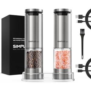 SIMPLETASTE Electric Salt and Pepper Grinder Set Rechargeable with LED Light, Stainless Steel, 70g Capacity for Kitchen, Dining Room, Bar (Dark Silver)