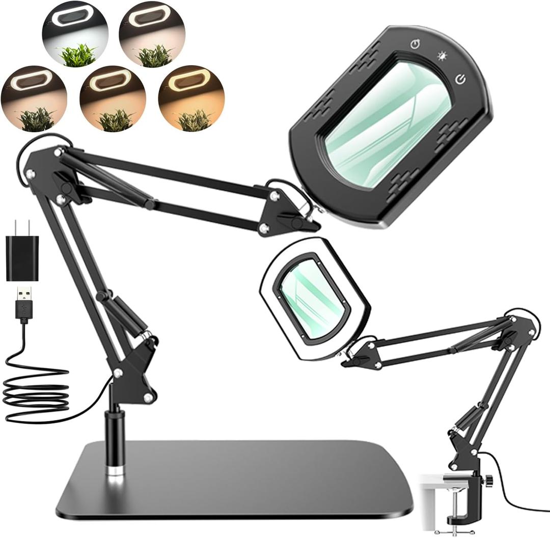 15X Rectangle Magnifying Glass with Light and Stand, Hands-Free Real Glass Lighted Magnifier, Touch Control 5 Color Modes Stepless Dimmable, 2-in-1 LED Desk Lamp with Clamp for Close Work, Reading