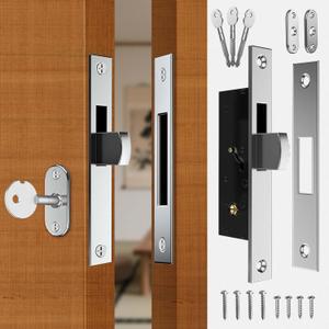 Hidden Door Lock Set with Key Hidden Door Latch for Commercial Grade,Concealed Mortise Lock Interior Hinged Doors Replacement Part,Silver