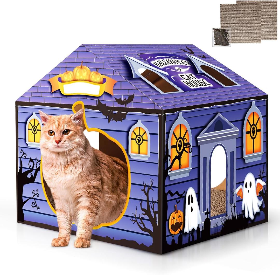 Tailtastic Halloween Cardboard Cat House Playhouse with 2 Scratching Pads & Catnip - Indoor Cat Scratcher Hideaway for Kittens & Cats (14"x14"x13")