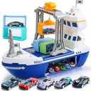 CUTE STONE Cargo Ship Toy & Gantry Crane, Toy Boat and Crane Playset with Sounds & Lights, Transport Containers, Push and Go Vehicle Cars, Kids Play Boats for Boys Girls