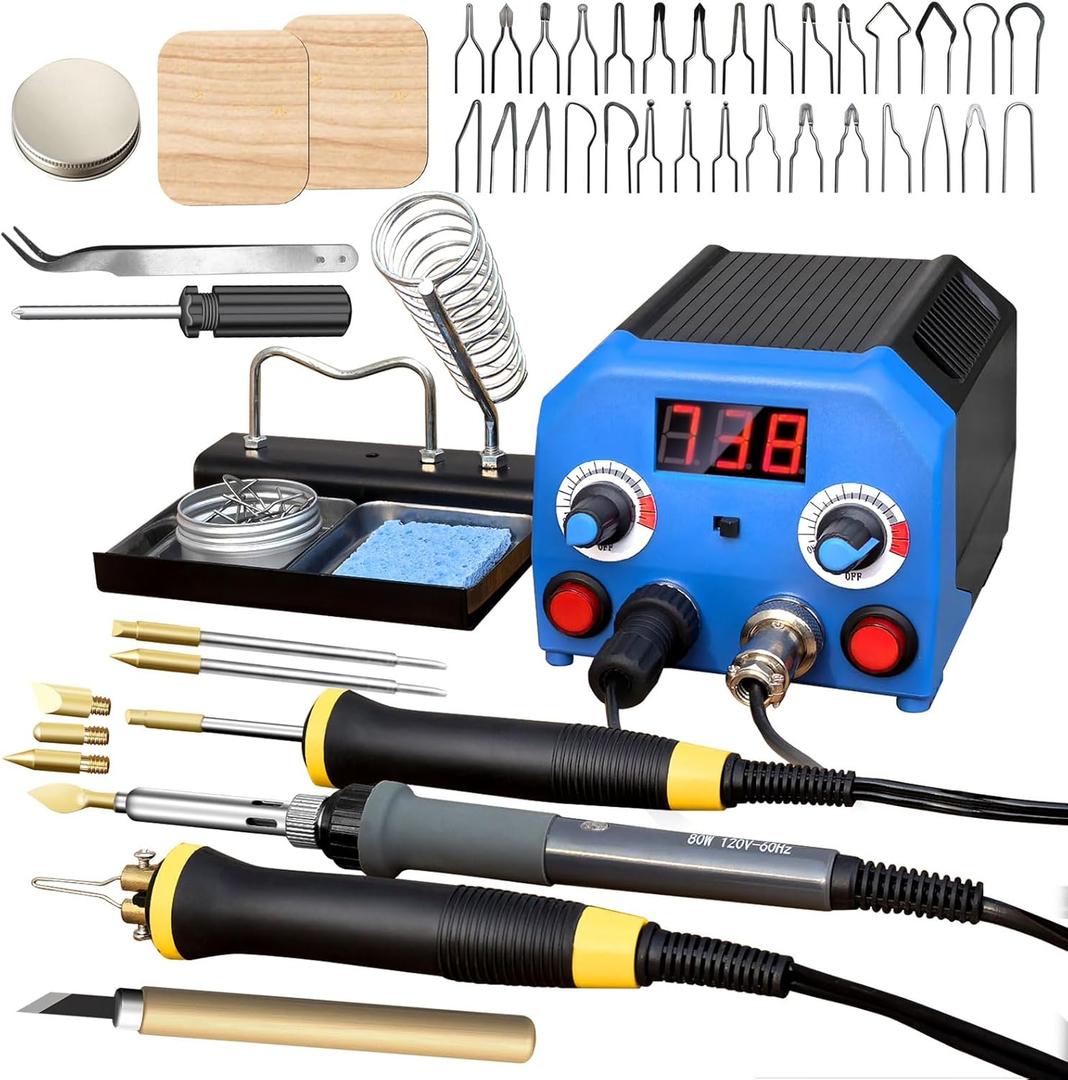 LH55-3-3 Wood Burner kit Wood Burning Tool Pen 200~750, Wood Burning kit with Digital Thermometer Temperature Adjustable Temperature 3 pyrographic Wood Burning pens 37 Wood Burning Pen Tips