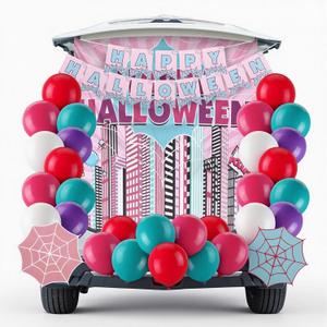 Soulchen 34 Pcs Halloween Trunk or Treat Car Decorations Kit Pink Spider Themed Halloween Car Decorations Includes Backdrop Banner Balloons Spider Web Card Stock for Cars SUV Garage Archway Decor