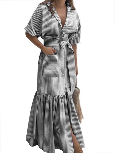 Utcoco Women's 2026 Summer Casual Striped Button Down Maxi Dress Tie Waist Short Sleeve Shirt Dress with Pockets (XX-Large, Gray)