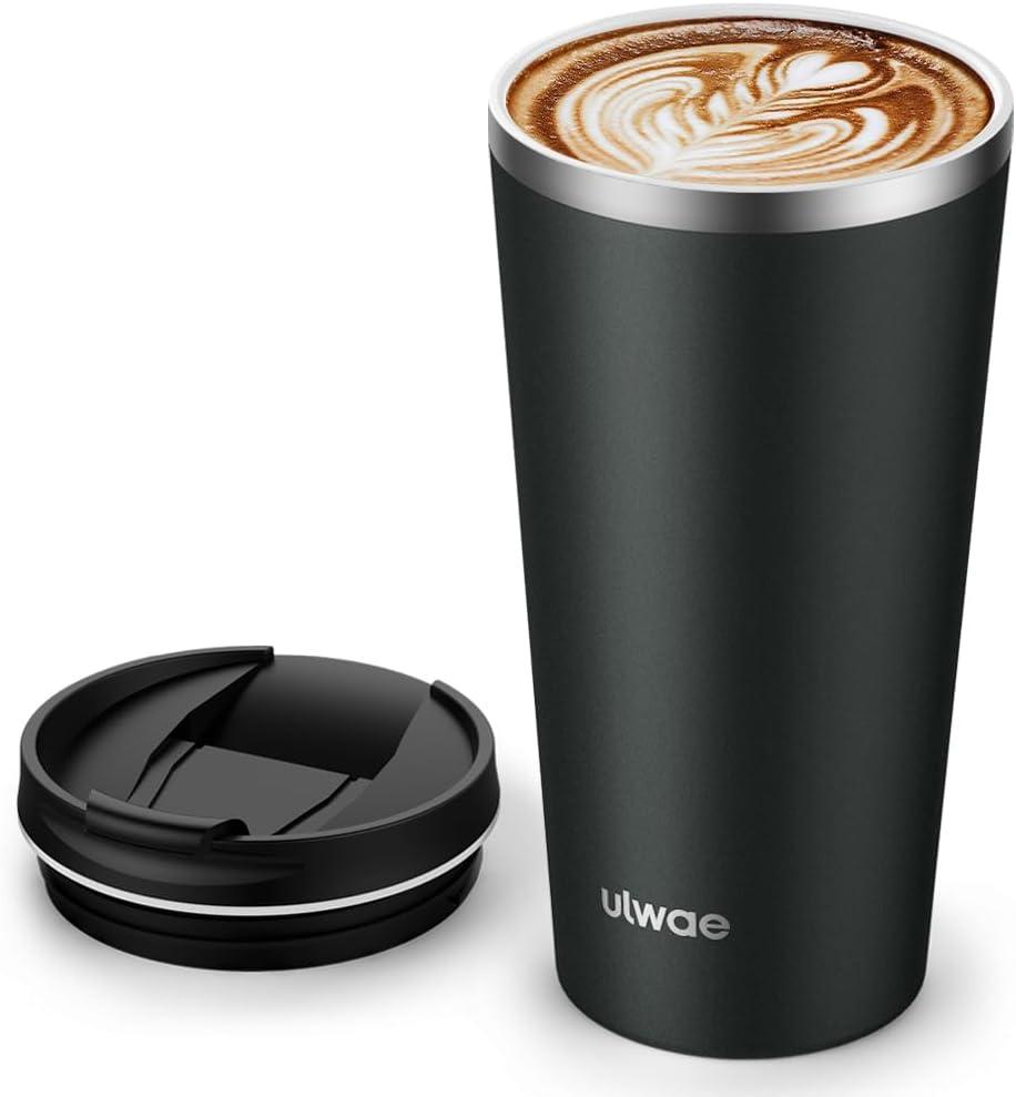 ulwae Insulated Coffee Mug with Ceramic Coating, 18oz Travel Mug with Leak-proof Lid, Vacuum Double-wall Tumbler, Stainless Steel Thermal Cup for Tea, Hot Cocoa, Cold Beverage, Ice Drinks