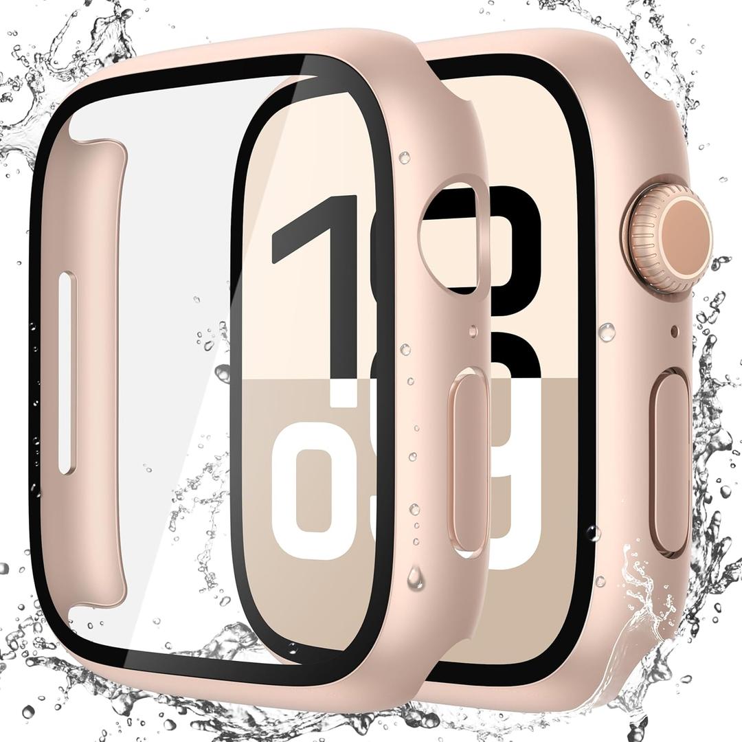 Misxi [2 Pack] Waterproof Hard Case with Tempered Glass Compatible with Apple Watch Series 11 (2025) Series 10 46mm, Overall Protective Cover for iWatch Screen Protector, 1 Rose Gold + 1 Transparent
