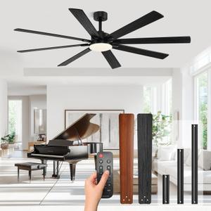 Modern 72 Inch Ceiling Fans with Lights and Remote,Living Room Office Library Cafe Outdoor Industrial, 3CCT Dual Color 8 Blades 6 Speed Reversible Quiet DC Motor, Black/Wood Grain