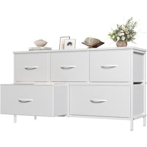 OLIXIS Dresser for Bedroom with 5 Drawers, Wide Chest of Drawers, Fabric Bedroom Dresser with Drawer Organizers, Storage Organizer Unit with Fabric Bins for Closet, Living Room, Hallway,White