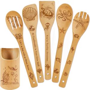 6 PCS Ocean Bamboo Cooking Spoon Set with Utensil Holder,Coastal Themed Kitchen Decor,Beach Accessories Gift for Women,Sea Turtle Lovers,Mother's Day,Housewarming,Birthday,Easter Gifts