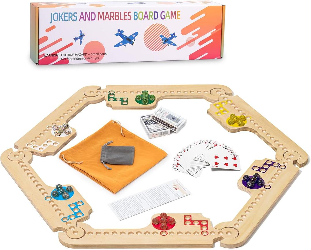 Jokers and Marbles Board Game, Wooden Marble Game for 2-6 Players, Portable Jokers Game with 30 Marbles 3 Decks of Cards 2 Storage Bags for Family Game Night and Holiday Party (Yellow)