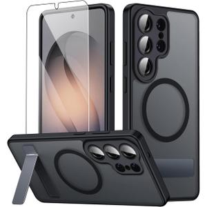Magnetic for Samsung Galaxy S26 Ultra Case with Stand and Screen Protector & Camera Protector,Galaxy S 26 Ultra Case Compatible with MagSafe,Matte Translucent Shockproof Slimi Phone Case -Black