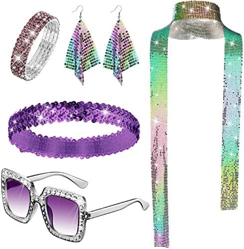 Sasylvia 5 Pcs 70s Disco Accessories Halloween Women Costume Jewelry Sequin Scarf Earrings Sunglasses Bracelet Headband