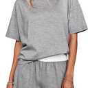 Womens Short Sets 2 Piece Summer Vacation Outfits Short Sleeve T-shirts Elastic Waist Shorts Matching Set (Light Grey, XL)