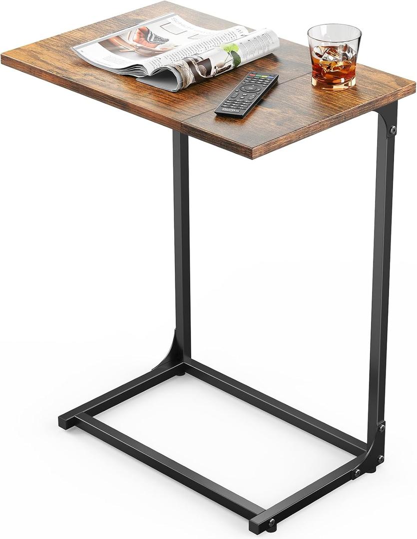 Pipishell C-Shaped Side Table, C Table for Sofa with Two-Piece Desktop & Metal Frame, Large Surface End Table for Living Room, Bedroom, Bedside, Rustic Design (Vintage Rustic Brown)