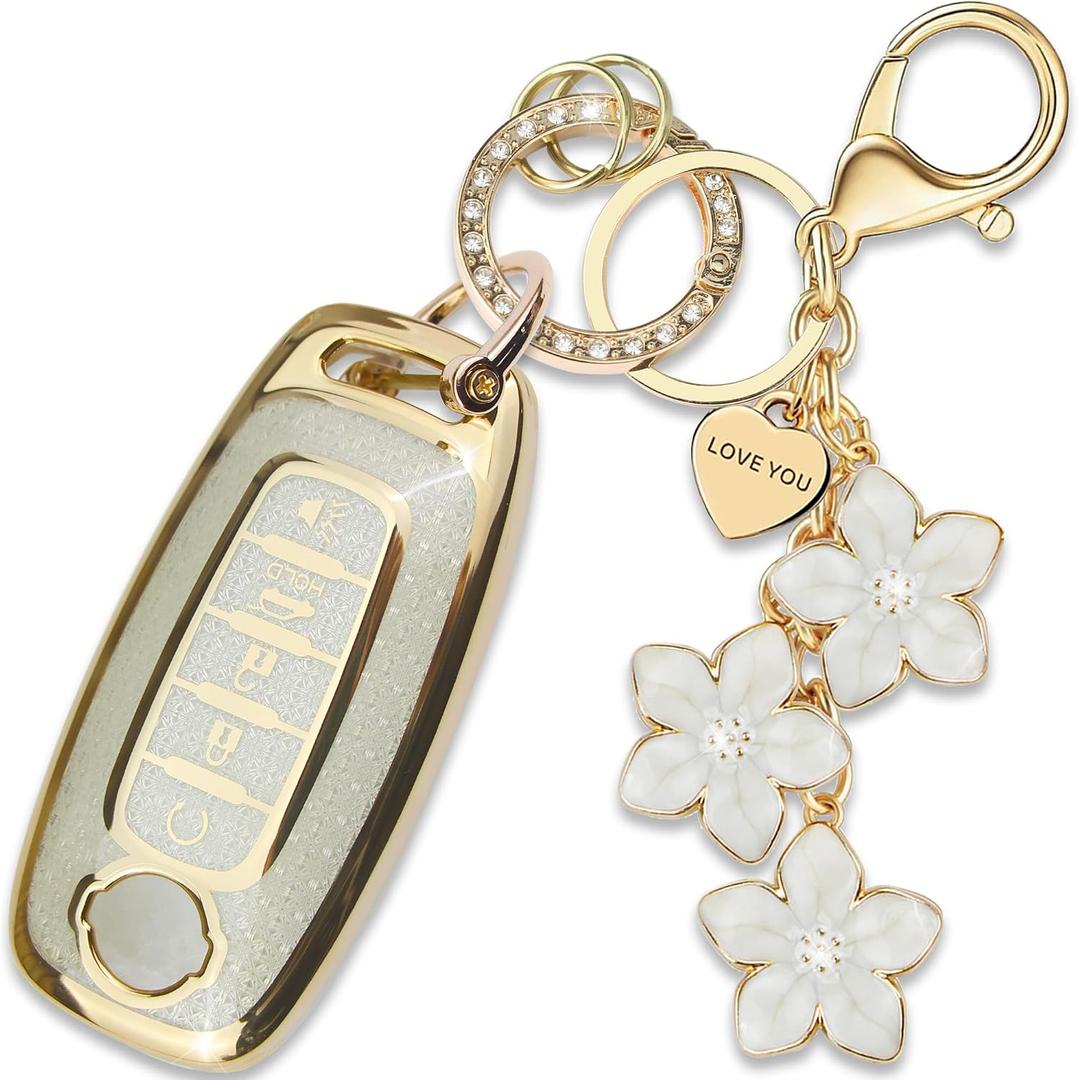 White TPU Key Fob Cover with Sakura Flower Keychain Compatible with Nissan Pathfinder 2023-2025,Rogue 2023-2025,Kicks 2023-2025,Sentra 2023-2025 5-Button Smart Key for Women