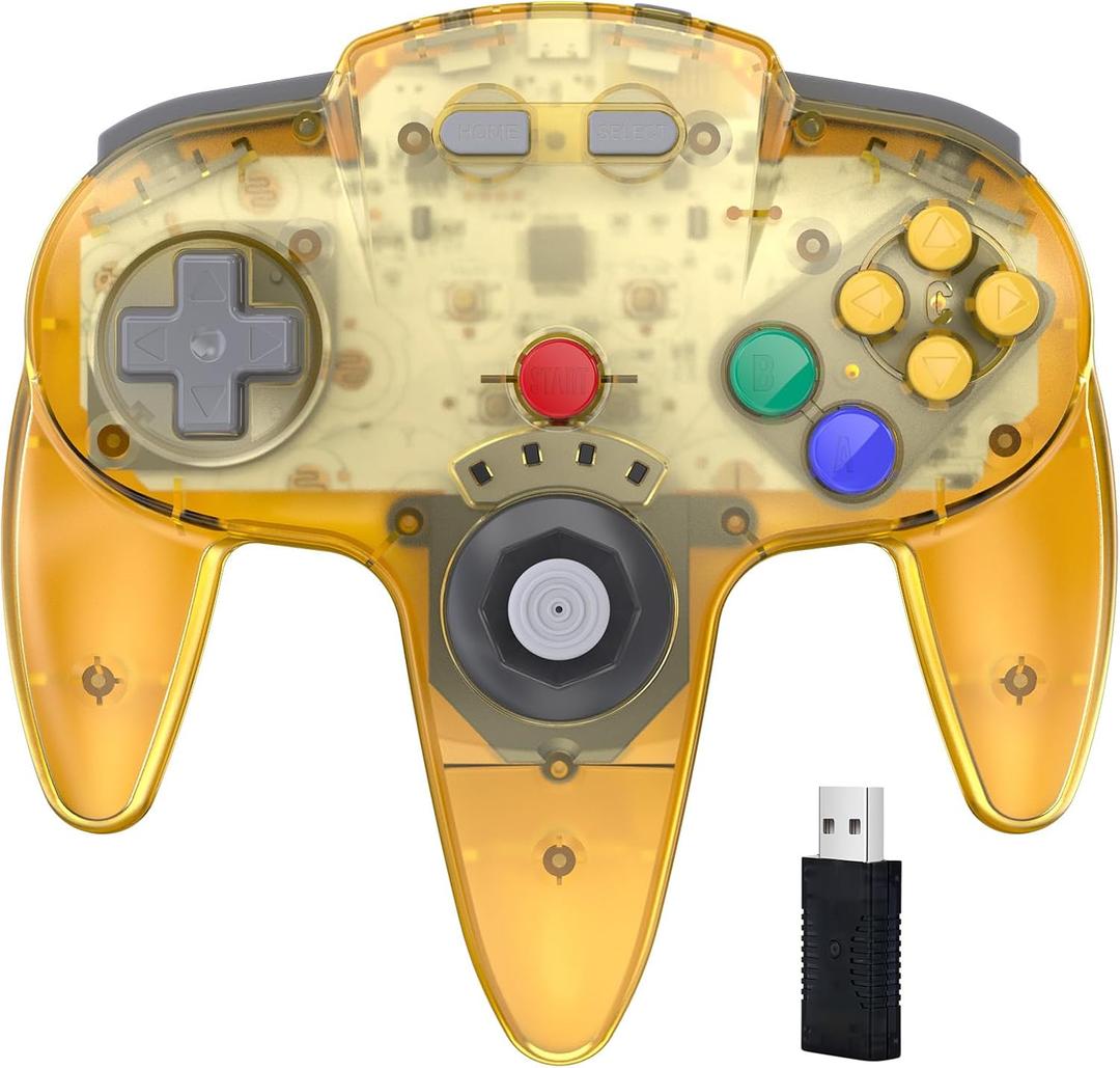 KIWITATA N64 Wireless USB Controller for Switch, 2.4ghz Rechargeable Wireless N64 Remote Joystick Controller for Switch/Switch Lite/Switch OLED, MAC, PC Windows 7,8,10,11 Clear Yellow