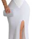 WOKANSE Women's Formal Dresses Mock Neck Sexy Mesh See Through Long Sleeve High Slit Sparkly Rhinestone Prom Dress (Medium, White)