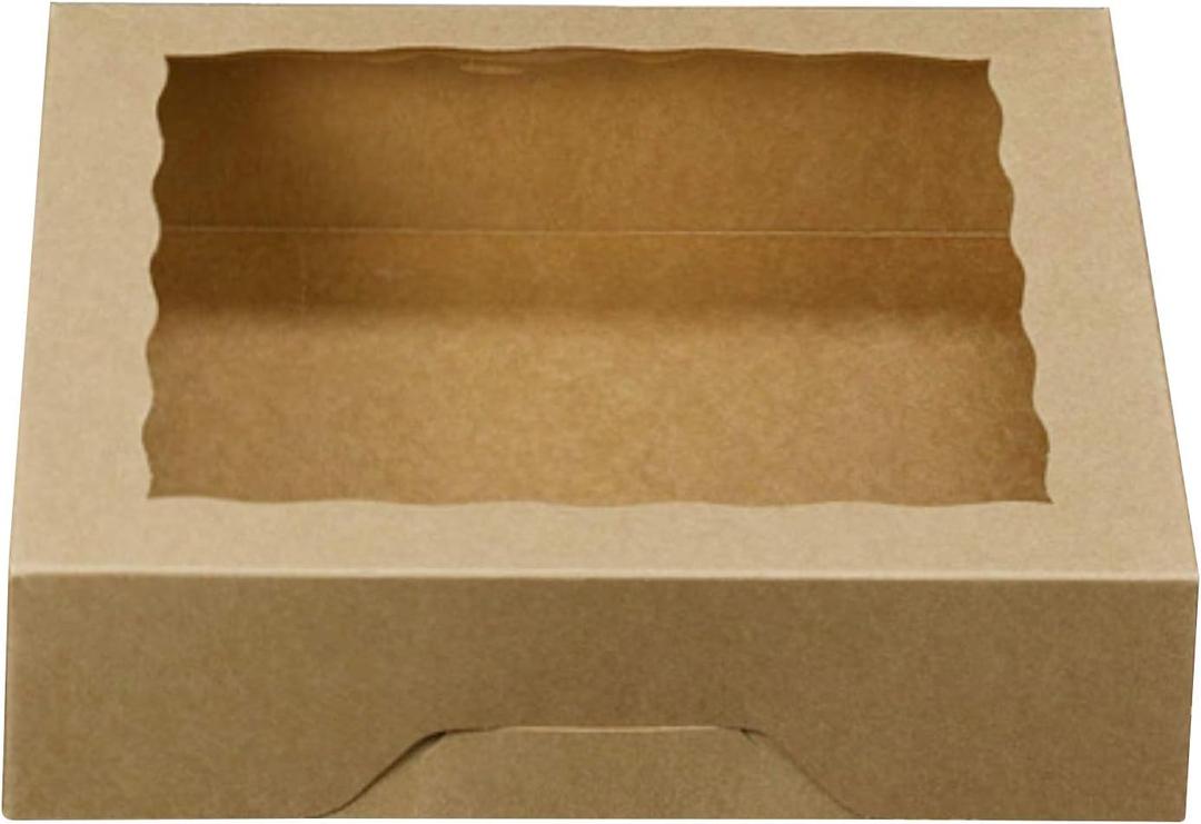 ONE MORE [15pcs] 10inch Kraft Bakery Boxes, Large Pie Boxes with PVC Window Natural Disposable Box for Cookie 10x10x2.5inch,Pack of 15