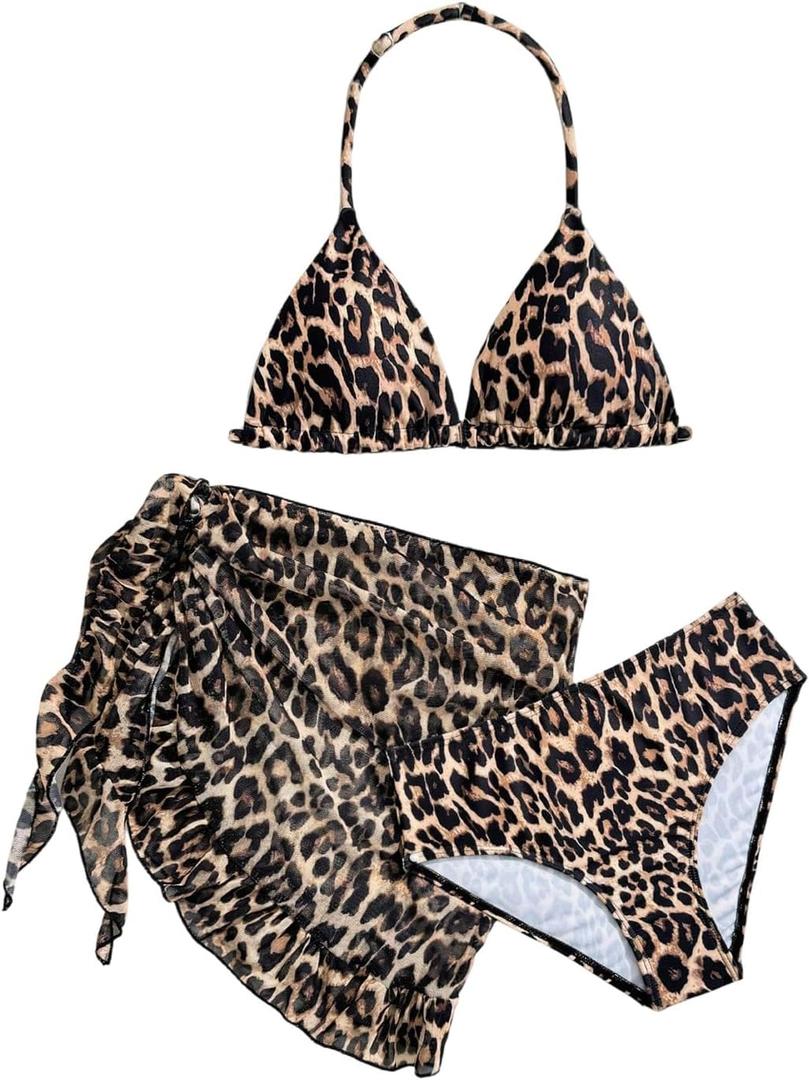 SHENHE Girl's 3 Piece Swimsuits Cute Halter Triangle Bikini Bathing Suit with Beach Cover Up (Leopard Brown) 10Y