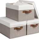 StorageWorks Storage Bins with Lids, Decorative Storage Boxes with Lid and PU Handles, Foldable Storage Baskets for Closet, Shelves, Stackable, Brown and White, 3-Pack