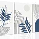 Navy Blue Boho Canvas Wall Art Set of 3 Abstract Bohemian Poster Wall Decor Minimalist Mid-Century Modern Picture Print Geometric Botanical Lines Painting for Bedroom Office Bathroom 12x16in Framed (16L"x12W")