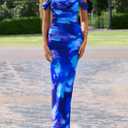 PRETTYGARDEN Cocktail Dresses for Women 2026 Summer Floral Off Shoulder Ruched Mesh Elegant Wedding Guest Maxi Dress (Blue)