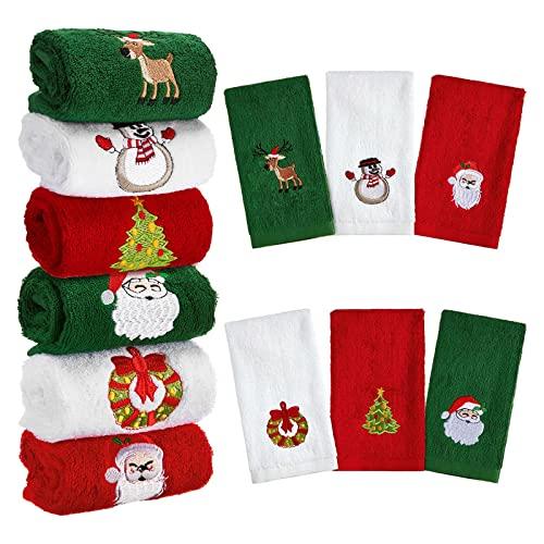 Tatuo 6 Pieces Christmas Bathroom Towel Santa Reindeer Snowman Cotton Decorative Hand Towels Fabric Christmas Cotton Embroidered Hand Towels for Kitchen Bathroom Home Cleaning (Classic Style)
