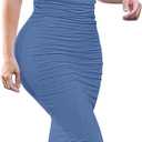 GOBLES Women's Elegant Strapless Off Shoulder Bodycon Midi Cocktail Party Dress (Blue, L)