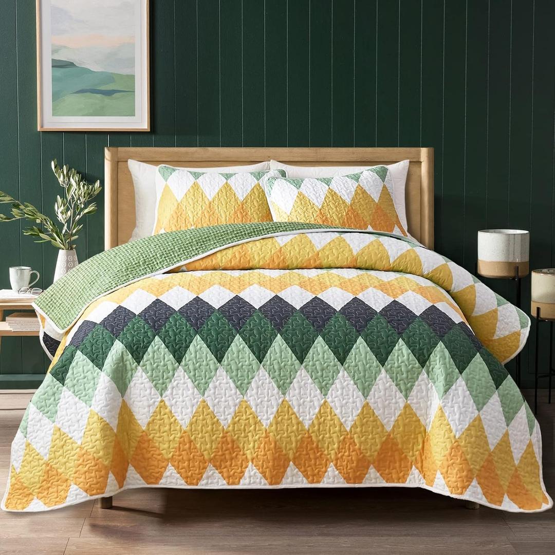 Yellow Green Rhomb Plaid Quilt Set 3pc King Size Reversible Coverlet Bedspread Set Soft Microfiber Lightweight Summer Quilt Bedding Set Bed Cover for All Season 102 * 88