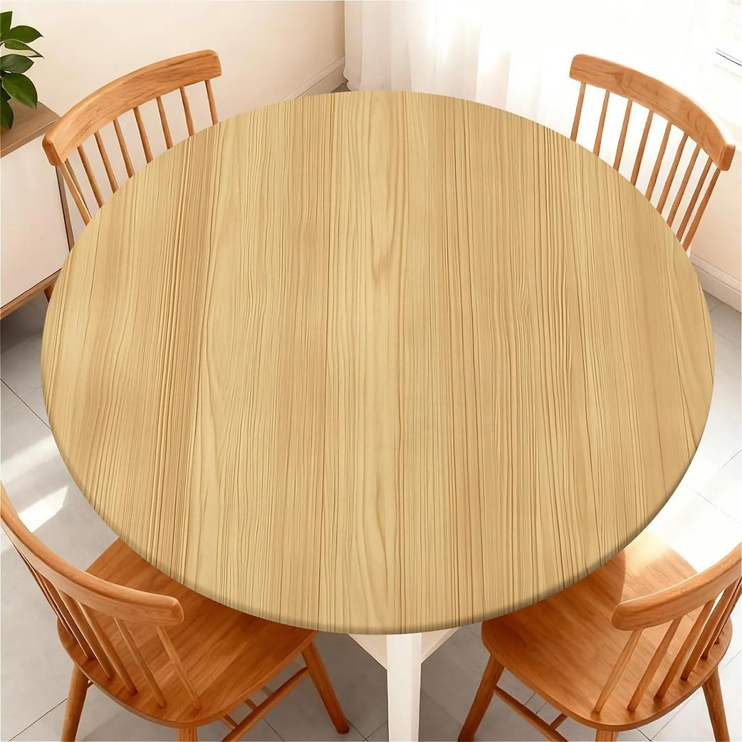 Elastic Tablecloth for Round Tables, Waterproof Tablecover for Up to 32"-36" Round Table, Dining Tablecover for Indoor and Outdoor, Holiday, Light Brown Wood