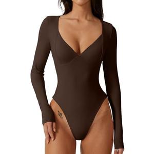 QINSEN Women's Long Sleeve Bodysuit V Neck Body Suits Seamed Cup Going Out Tops Shirt Size Medium