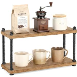 Mkono Coffee Station Organizer Wooden Mug Holder for Countertop Cup and Mug Shelf for Coffee Bar Accessories Rustic Matcha Stand 2 Tier Storage and Display Rack for Tea Cups Kitchen Office