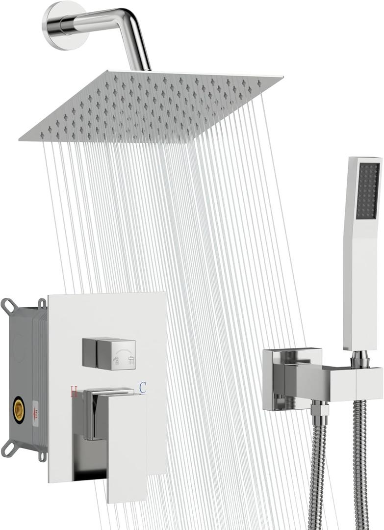 Sarlai Shower Faucet Set Bathroom Square Rainfall Shower Head and Handle Combo Wall Mounted Shower Faucet with Valve 8 Inch Shower Head Trim Systems Chrome