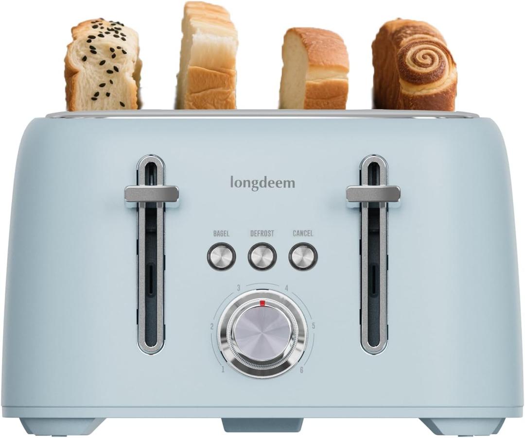 4 Slice Toaster 1.5" Extra Wide Slot - Stainless Steel, High Lift, 6 Browning Settings, Blue