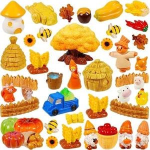 30 Pcs Thanksgiving Mini Resin Figurines Autumn Tiny Farm Pumpkins Scarecrow Miniature to Hide Fall Fairy Garden Accessories for DIY Autumn Harvest Craft Cake Decorations