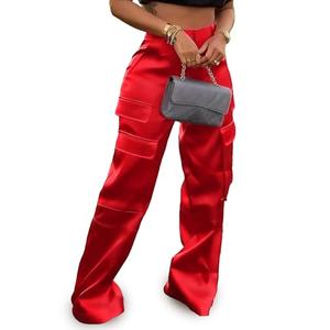 Tapata Petite 28.5" Inseam Womens Satin Cargo Pants High Waisted Wide Leg Casual Streetwear Trousers Club Outfits, Red M