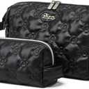 BOYATU Travel Makeup Bag Cosmetic Pouch: 2 Pcs Set Waterproof Vegan Leather Cosmetic Bags for Women - Cute Quilted Skincare Make up Toiletry Bag for Girl (02-Black)