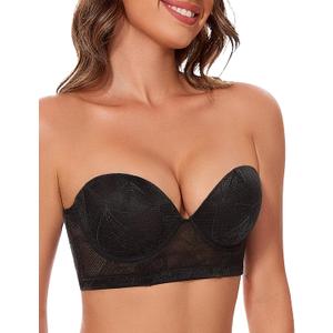 Longline Strapless Push Up Bras for Women Multiway Padded Uplift Corset Lace Bra Underwire Support (34D, Black)